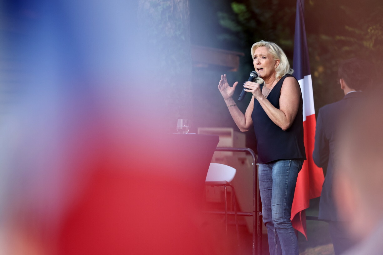D'Marine Le Pen bei engem Evenement vum RN de 4. Juli 2026.