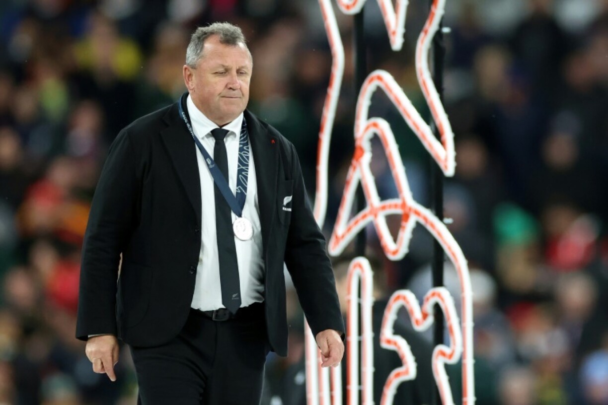 Former New Zealand coach Ian Foster says the Lions are not invincible reacts after receiving his runners-up medal as he walks off the podium at the end of the France 2023 Rugby World Cup Final match between New Zealand and South Africa at the Stade de France in Saint-Denis, on the outskirts of Paris, on October 28, 2023.