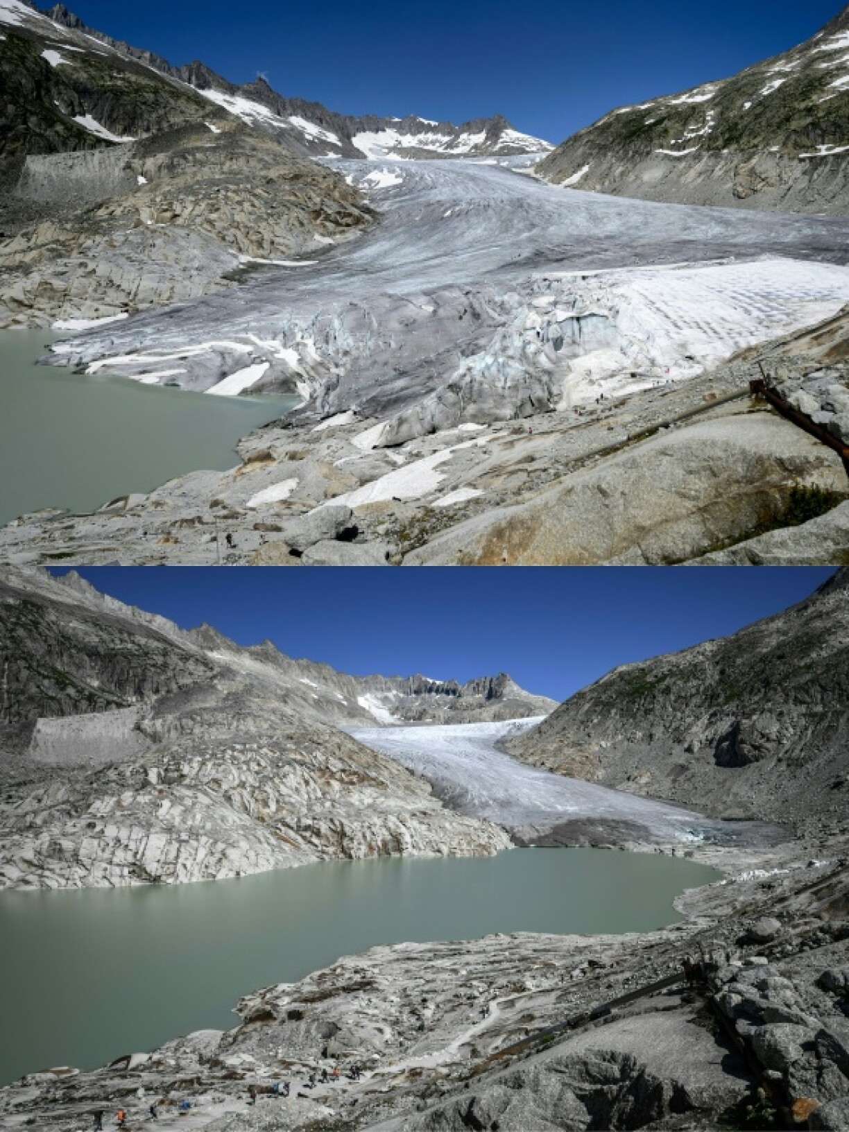 The extent of the Rhone glacier in July 2015 (top) and July 2026 (bottom)