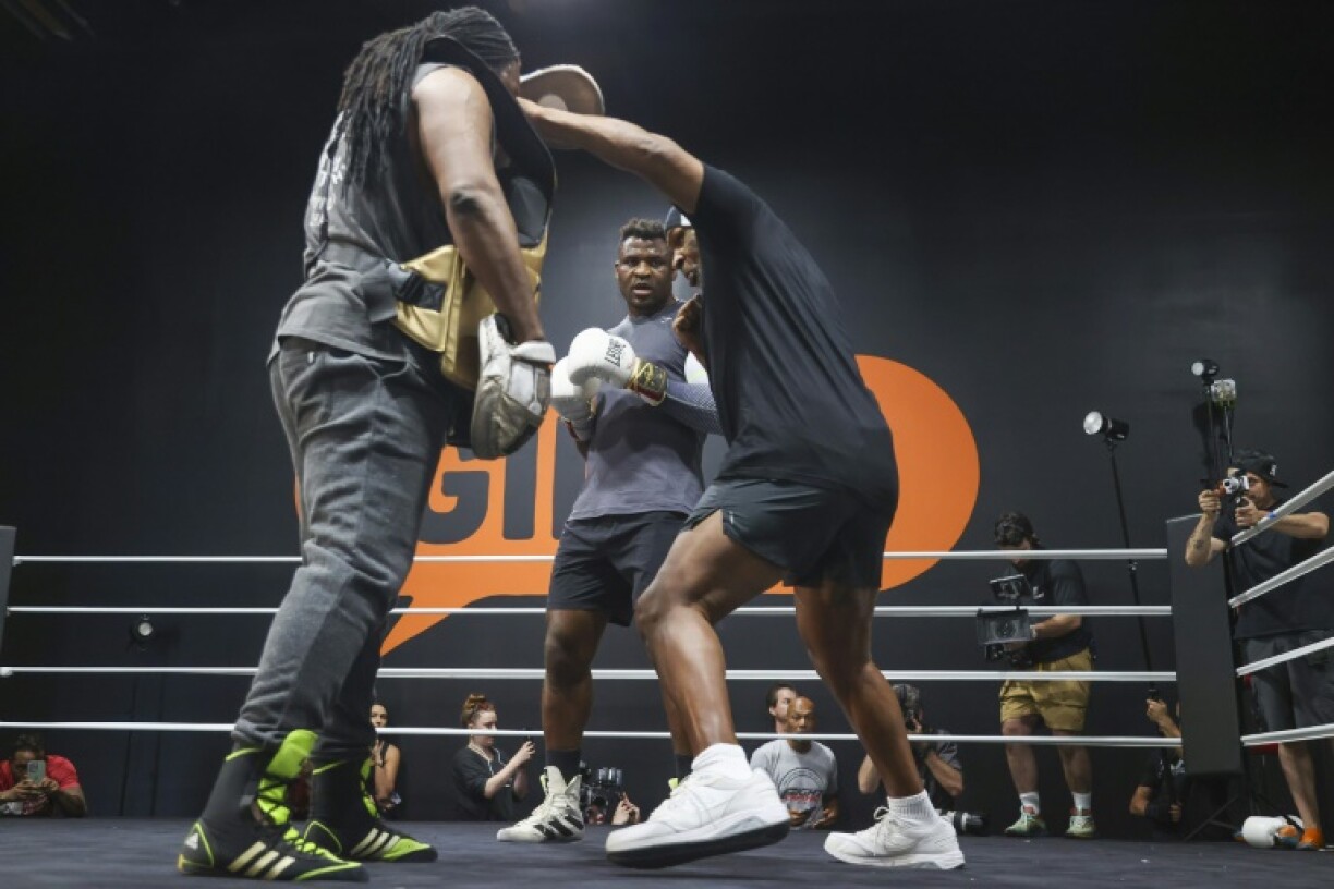 Le boxeur Francis Ngannou (c), star du MMA franco-camerounais, regarde son entraineur Dewey Cooper affronter l'ex-boxeur américain Mike Tyson (d) à Las Vegas, le 26 septembre 2023
