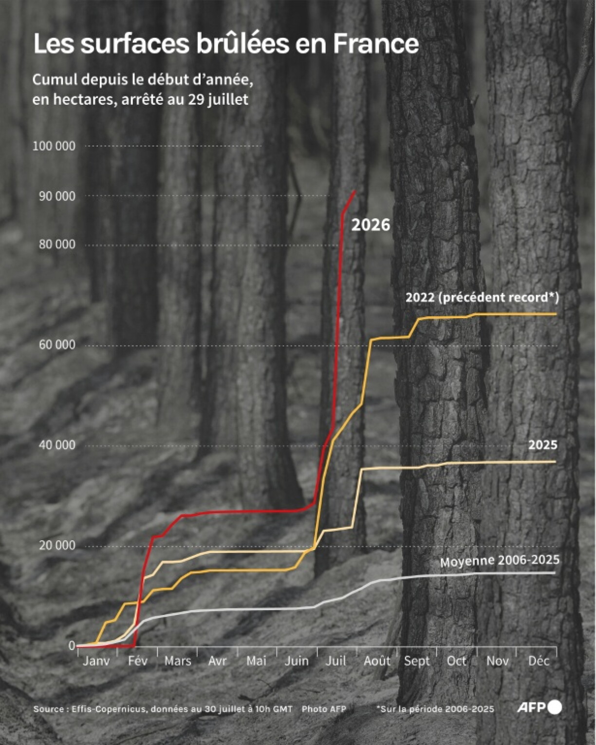 Évolution des surfaces brûlées en France depuis le début de l'année 2026, et comparaison avec la moyenne entre 2006 et 2025, et les années particulièrement destructrices 2022 et 2025, pour des feux de plus de 30 hectares ayant débuté jusqu'au 29 juillet 2029, selon les données Effis-Copernicus.