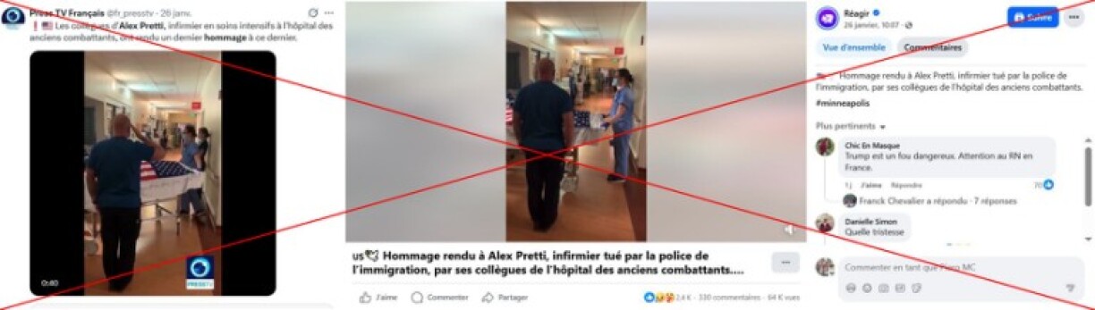 Captures d'écran réalisées sur X (à gauche) et Facebook (à droite), le 27/01/2026. Croix rouge ajoutée par l'AFP.