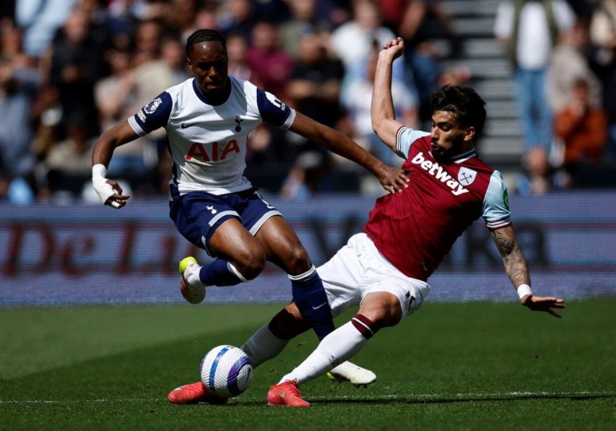 No crying shame: West Ham midfielder Lucas Paqueta (R) vies with Tottenham striker Mathys Tel during a 1-1 Premier League draw at the London Stadium