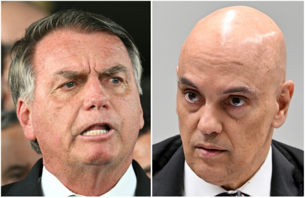Former Brazil far-right president Jair Bolsonaro (L) is accused of plotting a coup in a trial overseen by Supreme Court judge Alexandre de Moraes (R)