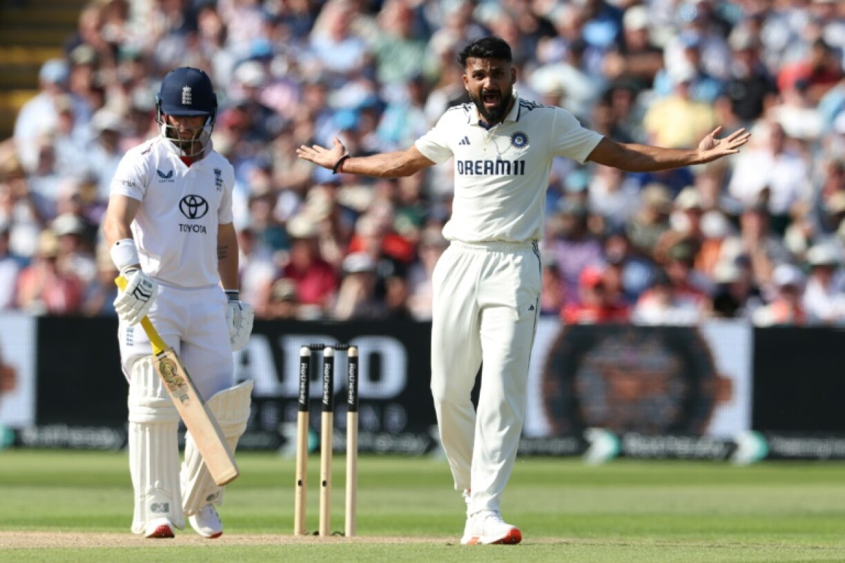 India's Akash Deep celebrates dismissing England's Ben Duckett for a duck in the second Test at Edgbaston