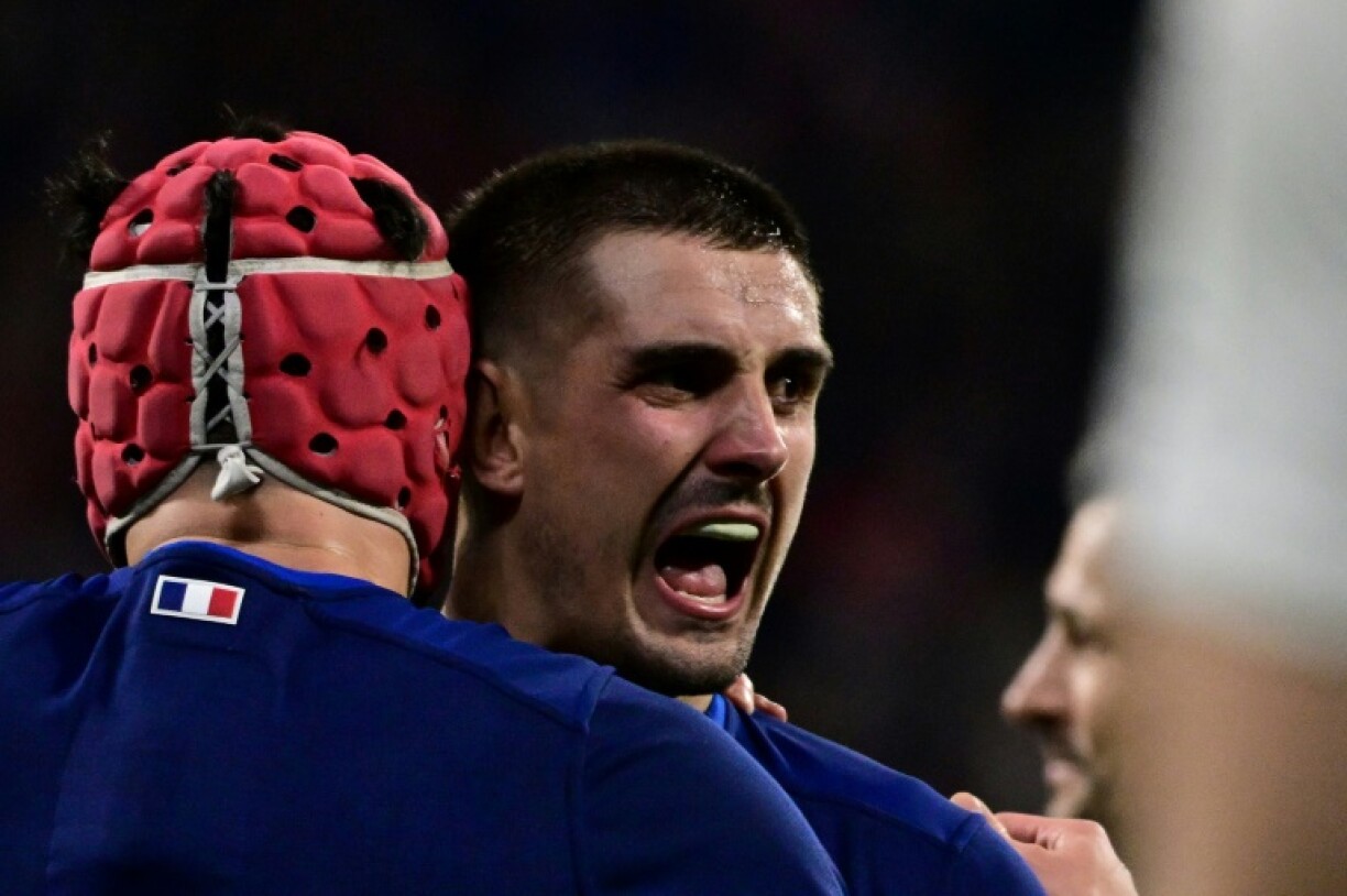 Le demi d'ouverture français Thomas Ramos s'est illustré en terminant meilleur réalisateur du Tournoi avec 63 points marqués dont 18 contre les Anglais, le 16 mars 2024 à Decines-Charpieu près de Lyon