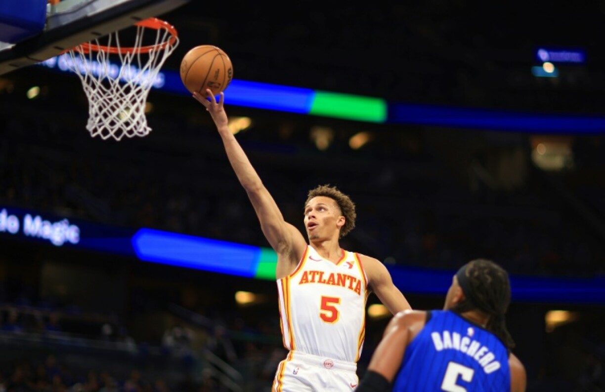 Australian guard Dyson Daniels of the Atlanta Hawks, driving to the basket, was named the 2025 NBA Most Improved Player