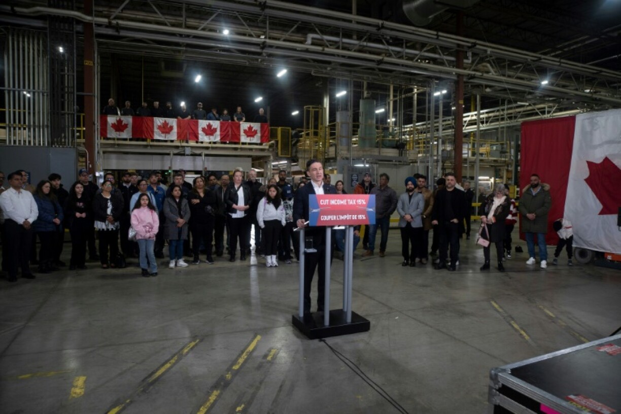 Canada's Conservative leader Pierre Poilievre campaigns at the Kruger packaging plan in Brampton, Canada on March 24, 2025