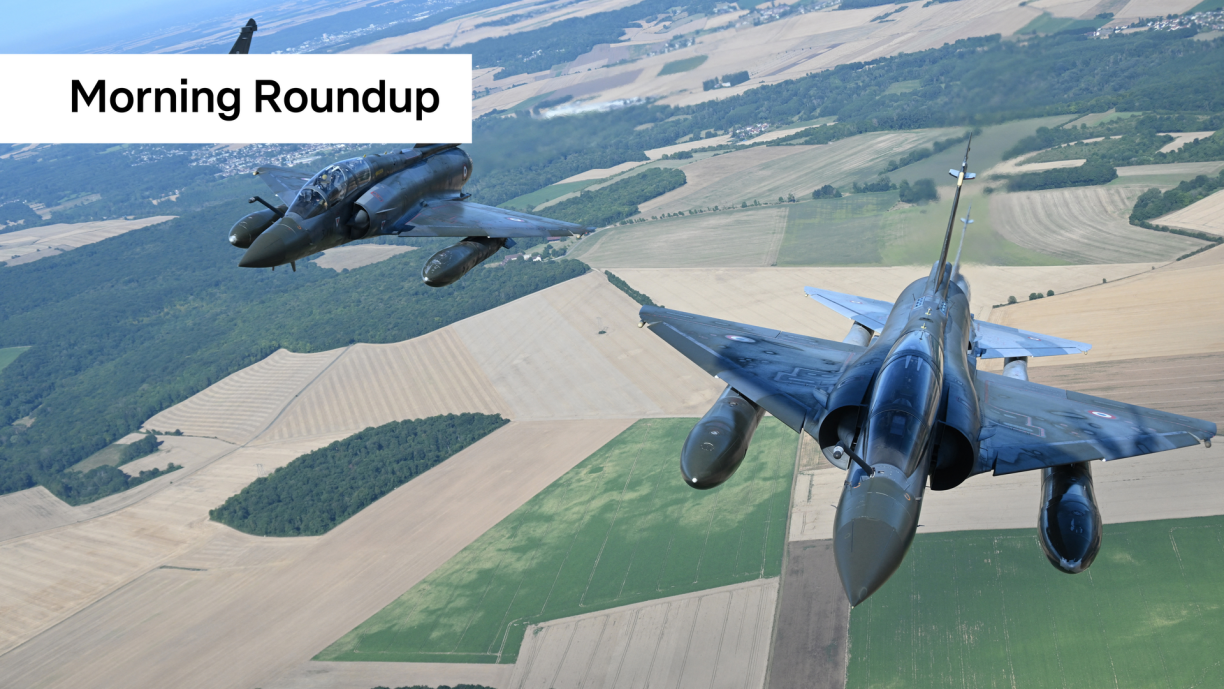Mirage 2000 fighter jets and a Rafale fighter jet fly to Paris to take part in the the Bastille Day military parade over the Champs-Elysees avenue, on July 14, 2022.