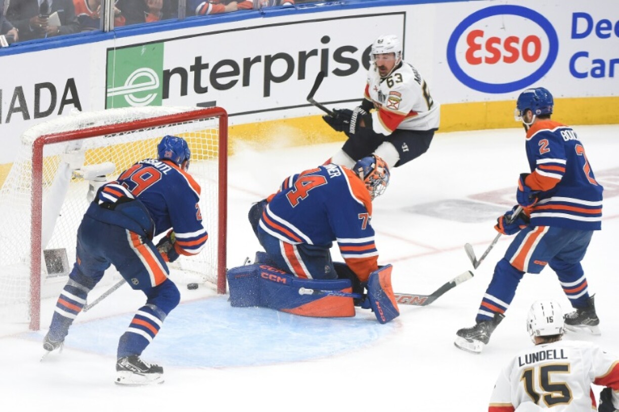 Brad Marchand of the Florida Panthers reacts after scoring the game-winning goal in the Panthers' 5-4 double-overtime victory over the Edmonton Oilers in game two of the NHL Stanley Cup Final