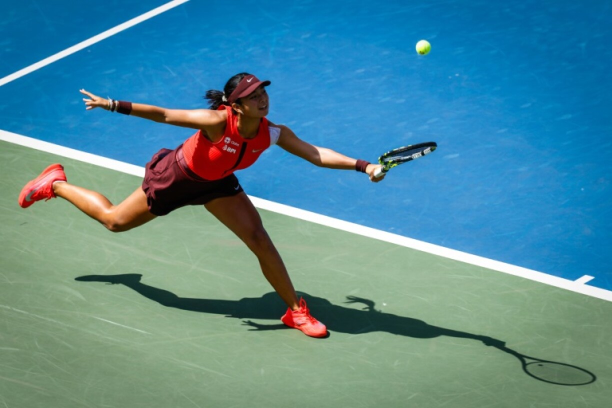 Philippines' Alexandra Eala plays a return during her upset of Danish 14th seed Clara Tauson at the US Open