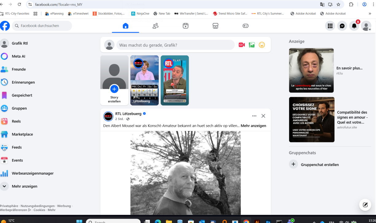 E Screenshot vun der Reklamm an de Soziale Medien, hei op Facebook, gemaach den 18. Mäerz 2026 vun RTL.