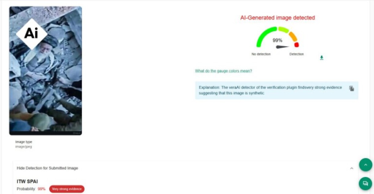 Screenshot of results from the Vera.ai detector
