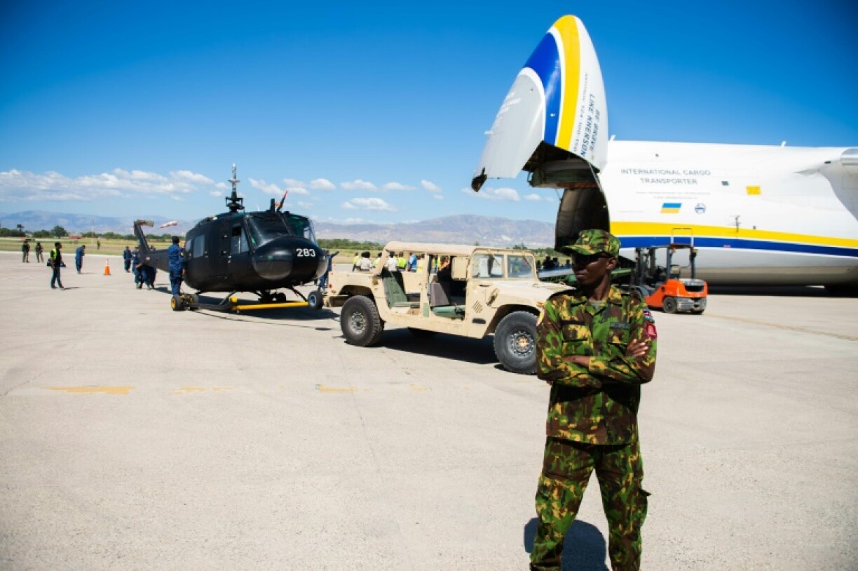 A helicopter is unloaded at Toussaint Louverture International Airport