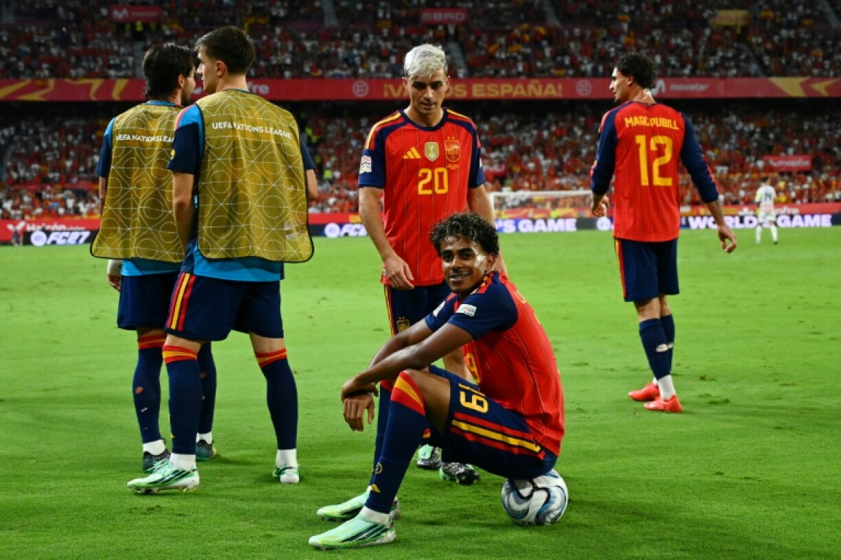 Lamine Yamal celebrates scoring his second goal against Croatia