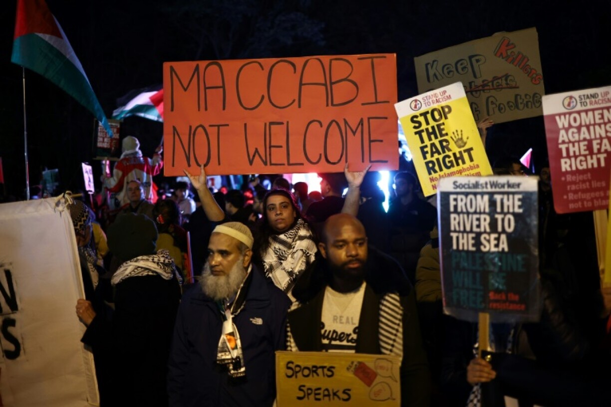 Pro-Palestinian protesters held up placards before Israeli club Maccabi Tel Aviv were defeated by Aston Villa in Birmingham