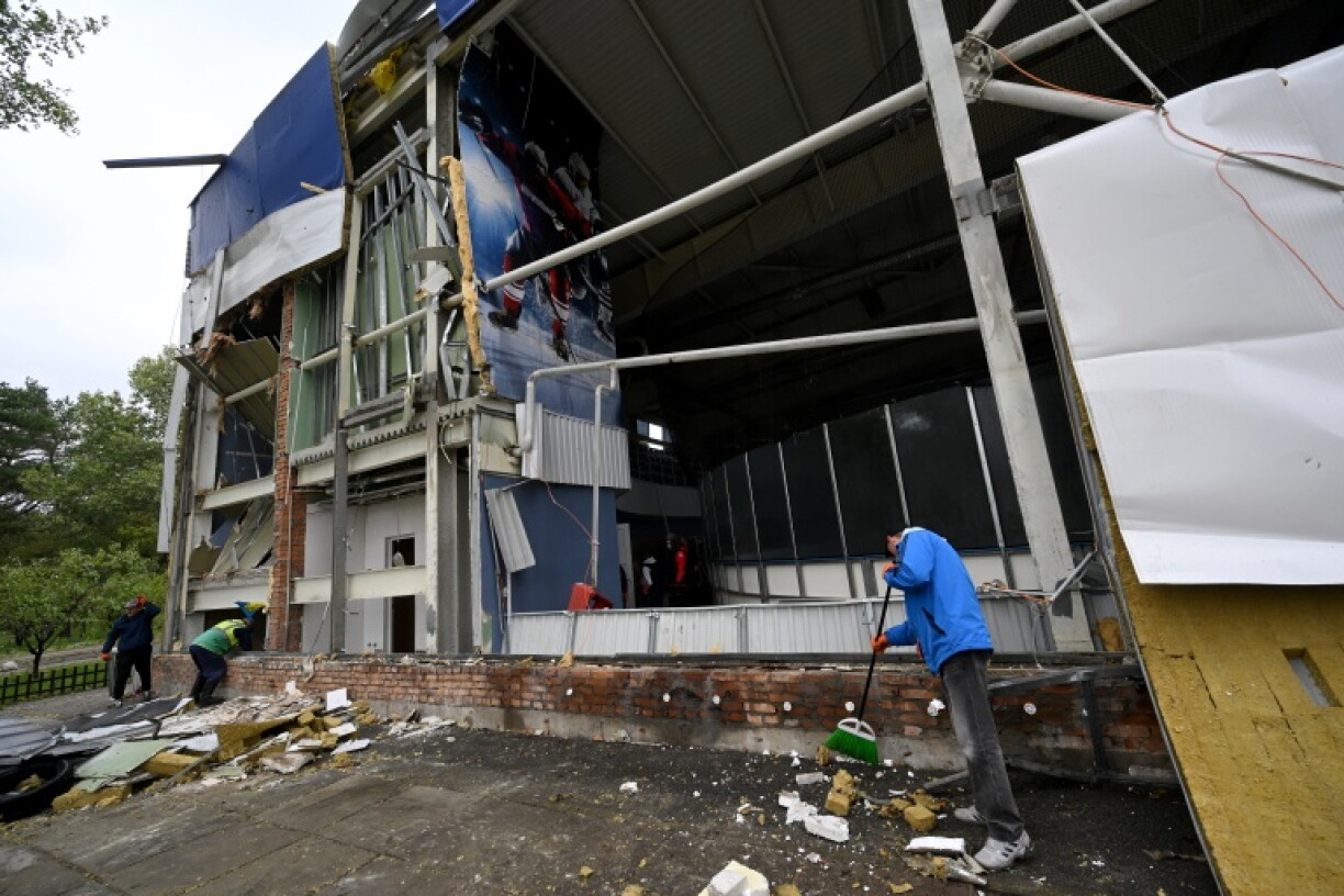 A Ukrainian ice rink arena was among the buildings damaged in Russian bombing Monday