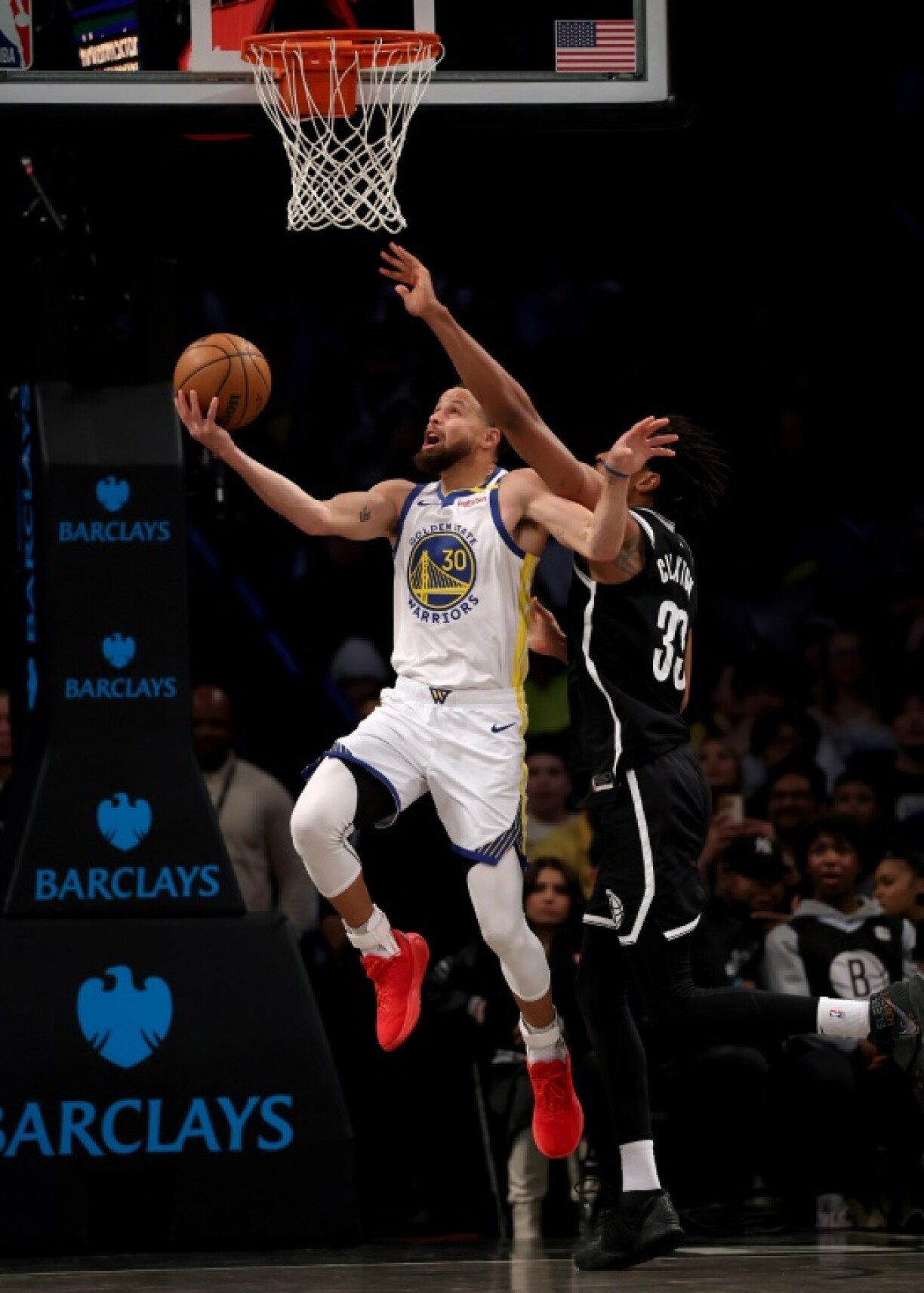 Stephen Curry heads for the net in the Golden State Warriors' come-from-behind win over the Brooklyn Nets