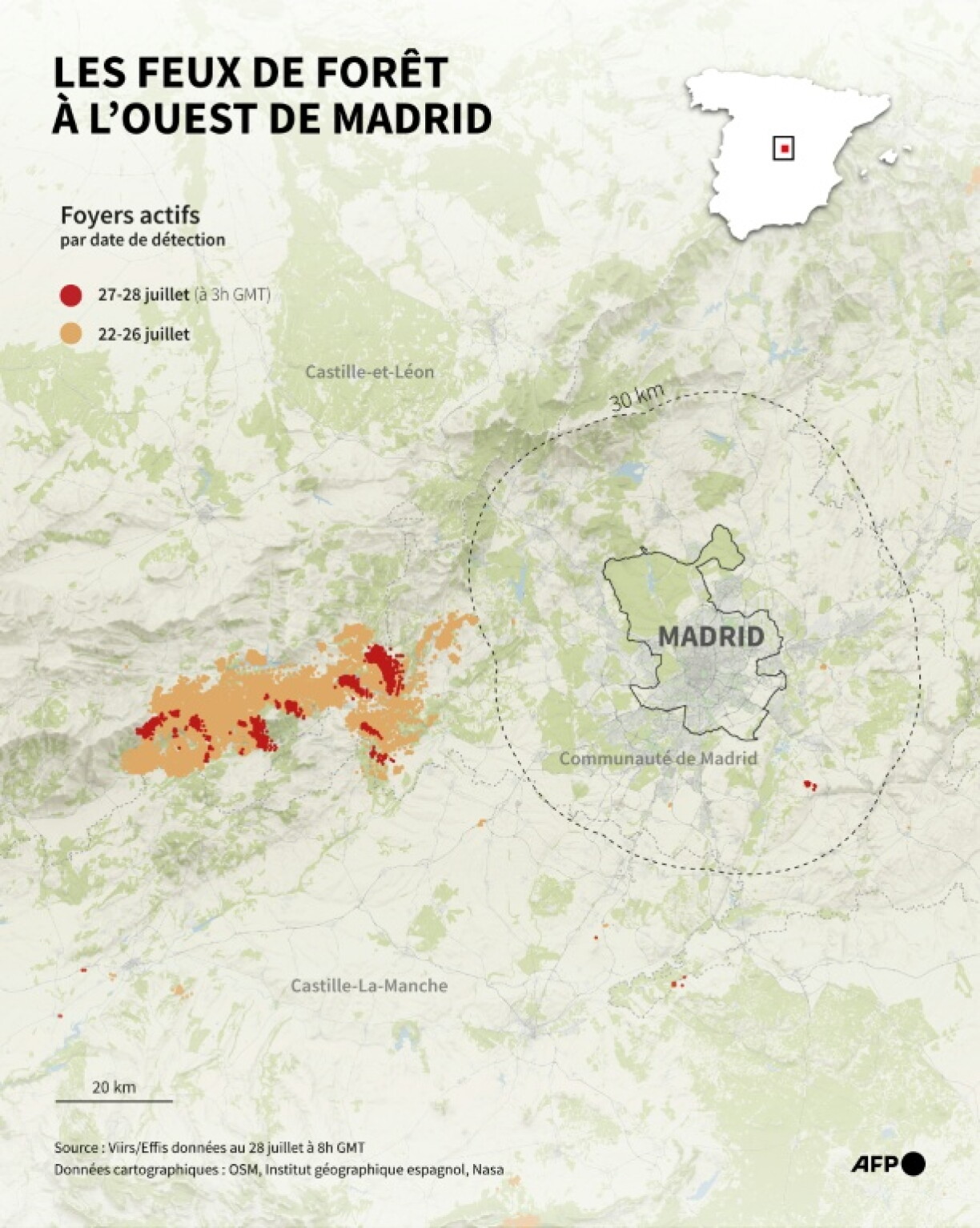 Carte des foyers actifs à l'ouest de Madrid où des incendies ont débuté le 22 juillet, d'après les données d'Effis au 28 juillet à 8h GMT
