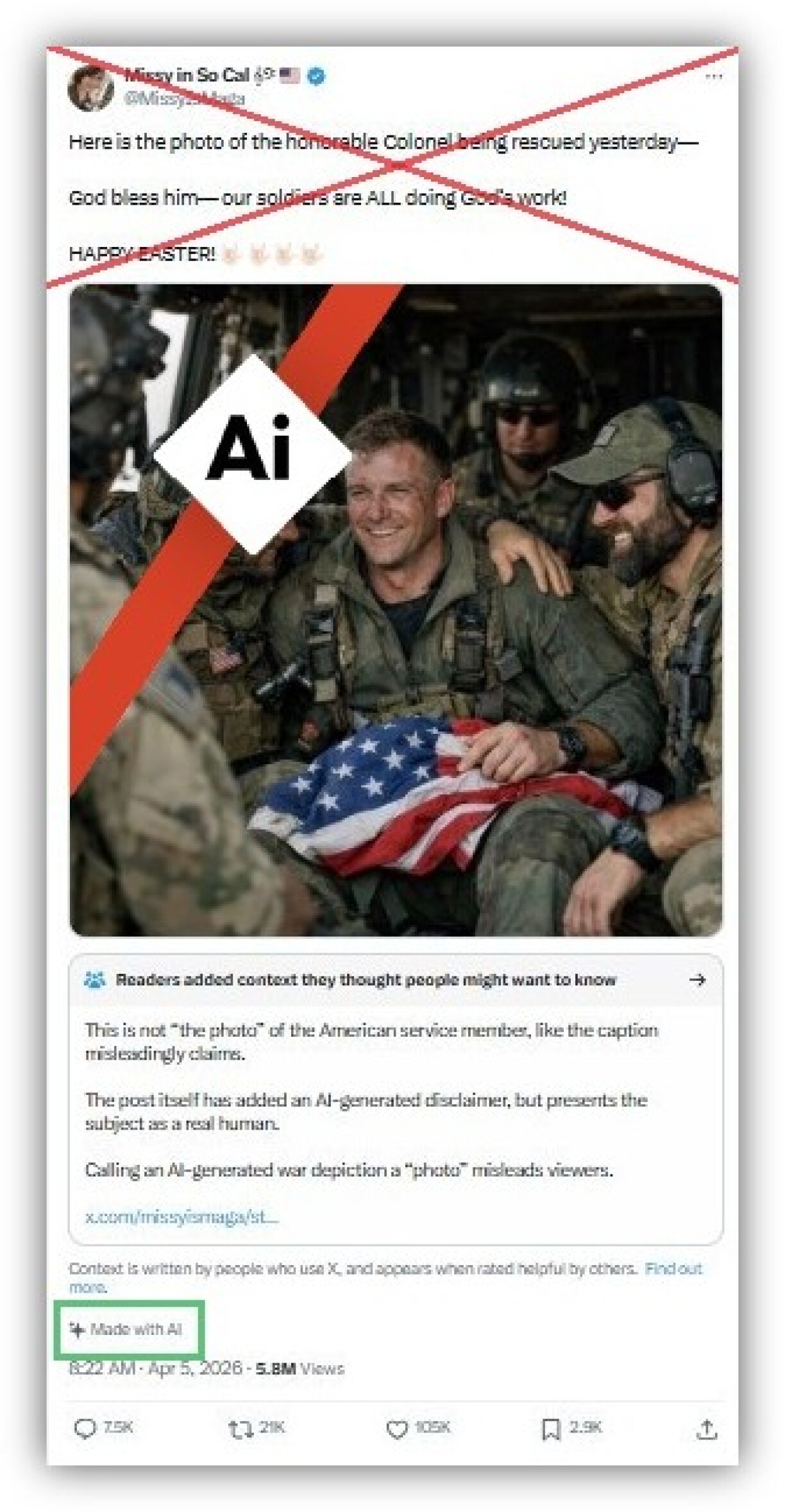 Screenshot from X taken April 6, 2026, with AI logo added and other elements outlined by AFP