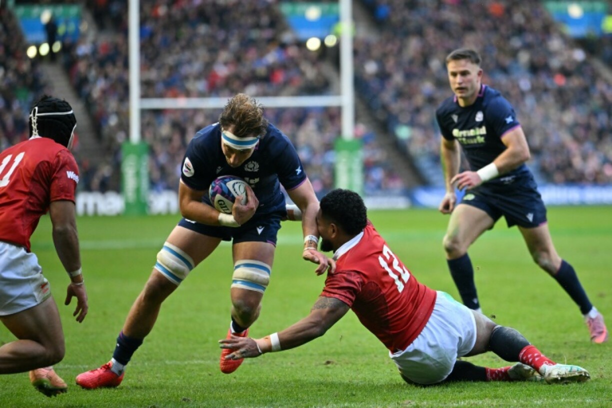 Scotland flanker Jamie Ritchie dives for the line to score his side's first try in a 56-0 Autumn Nations Series international at Murrayfield