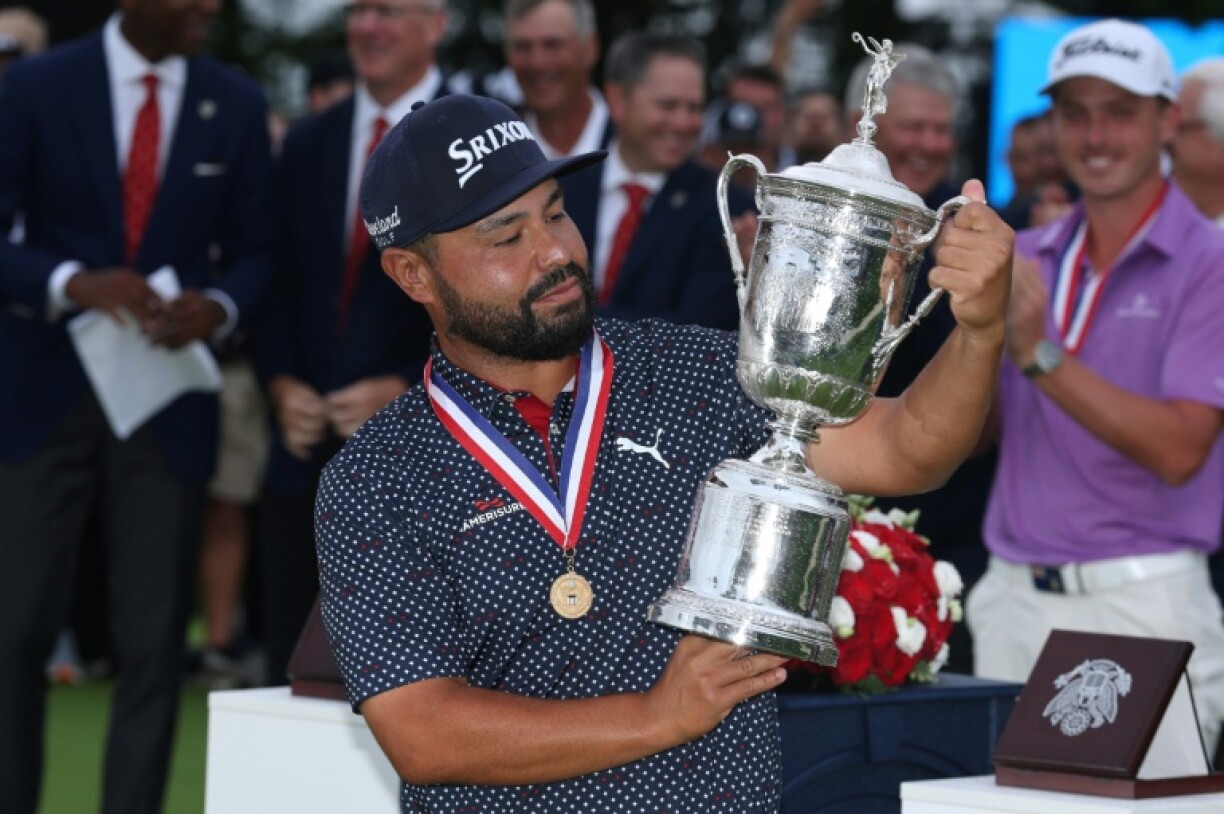 J.J. Spaun of the United States holds the trophy after winning the 125th US Open at Oakmont