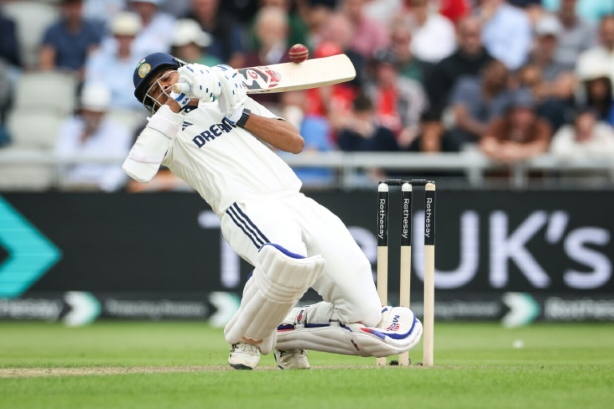 India's Yashasvi Jaiswal uppercuts a four during his 58 in the fourth Test against England at Old Trafford