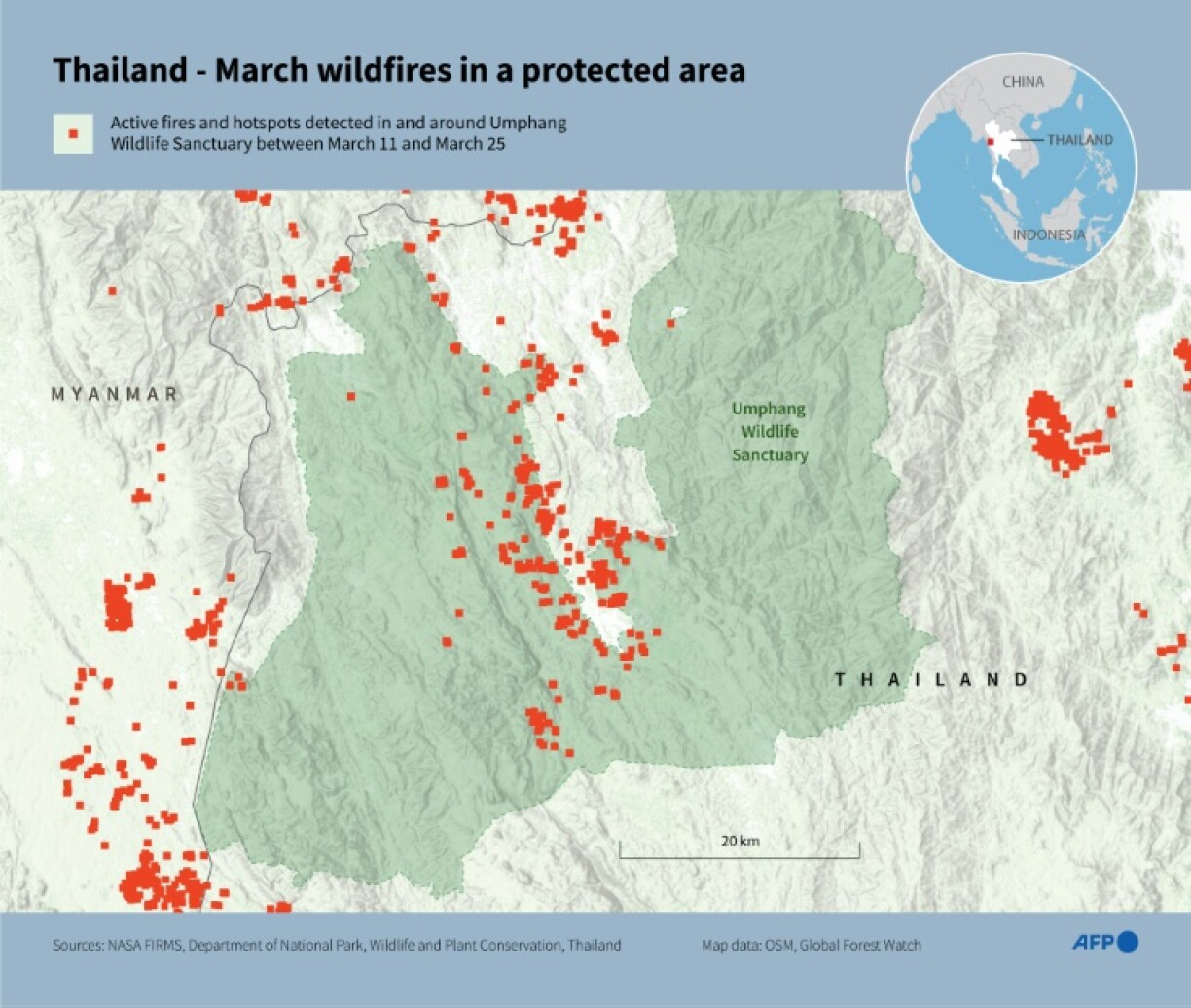 Infographic map showing active fires and hotspots detected in and around Umphang Wildlife Sanctuary between March 11 and March 25