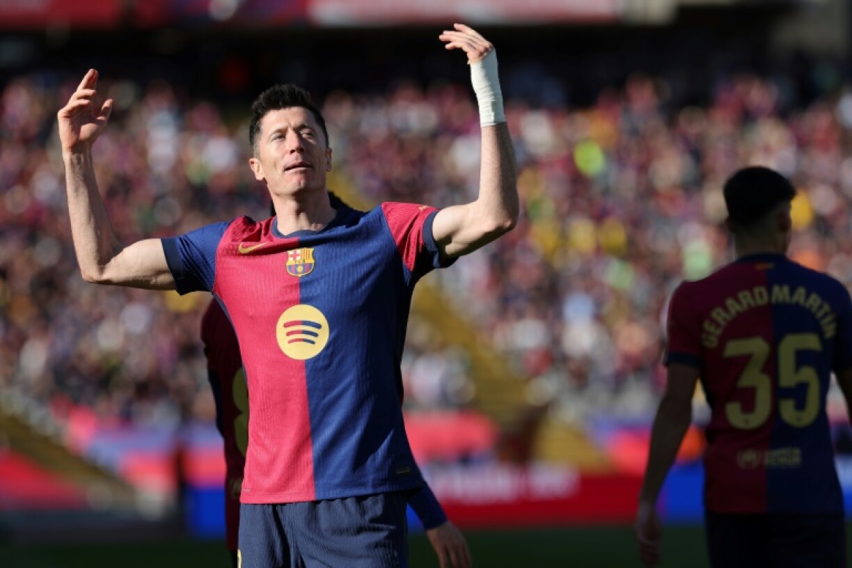Barcelona's Polish forward Robert Lewandowski netted a brace against Girona last weekend to keep his advantage on Kylian Mbappe