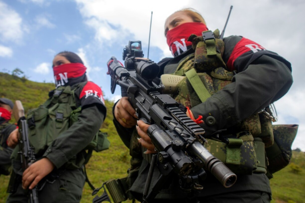 National Liberation Army ELN rebels of the Manuel Vazquez Castano northeastern war front stand guard at Catatumbo region, Colombia on March 8, 2025.