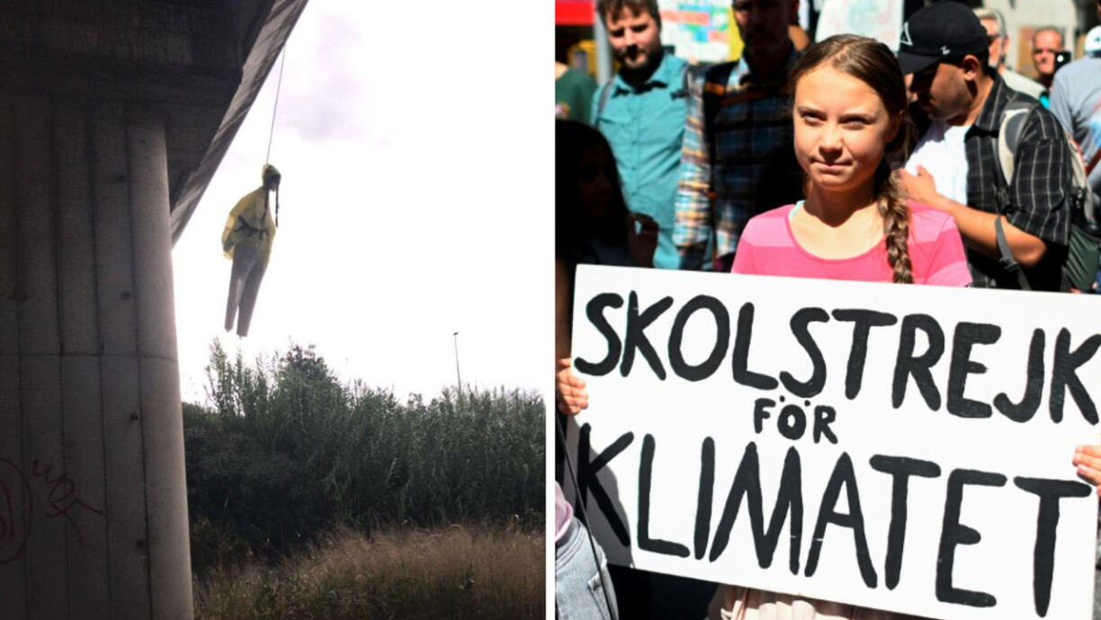 Un mannequin représentant Greta Thunberg pendu sous un pont à Rome.