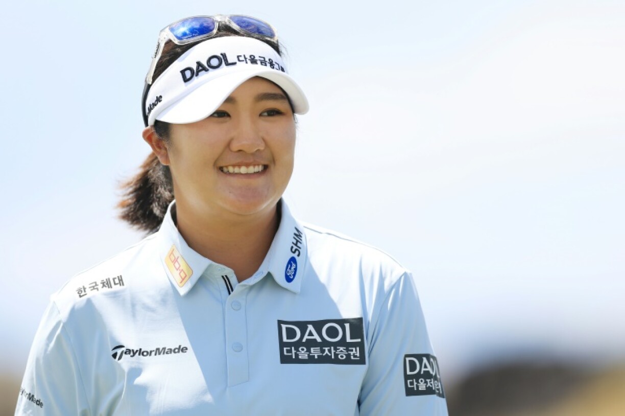 Ryu Hae-ran of South Korea reacts after completing a nine-under par round for the first-round lead in the LPGA Black Desert Championship
