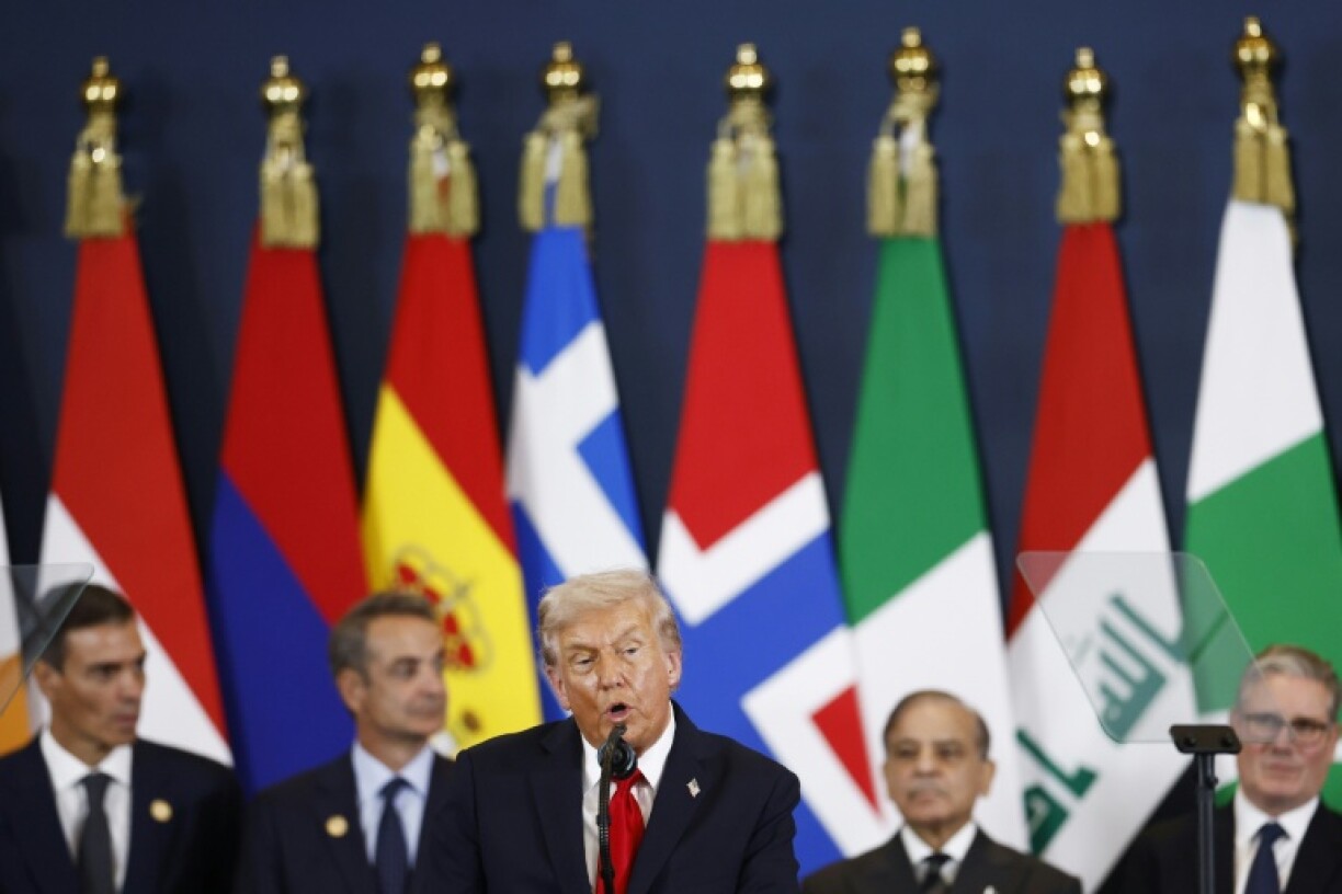 US President Donald Trump delivers a speech at the summit in Egypt