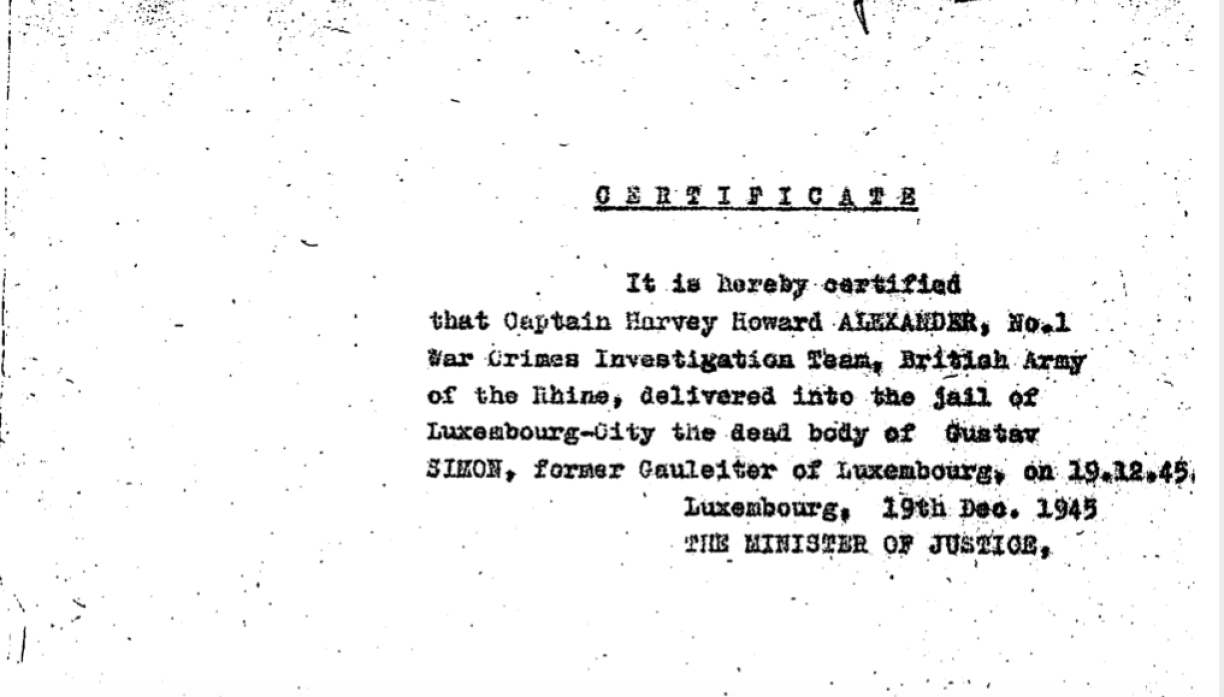 The certificate issued by Minister of Justice Victor Bodson.