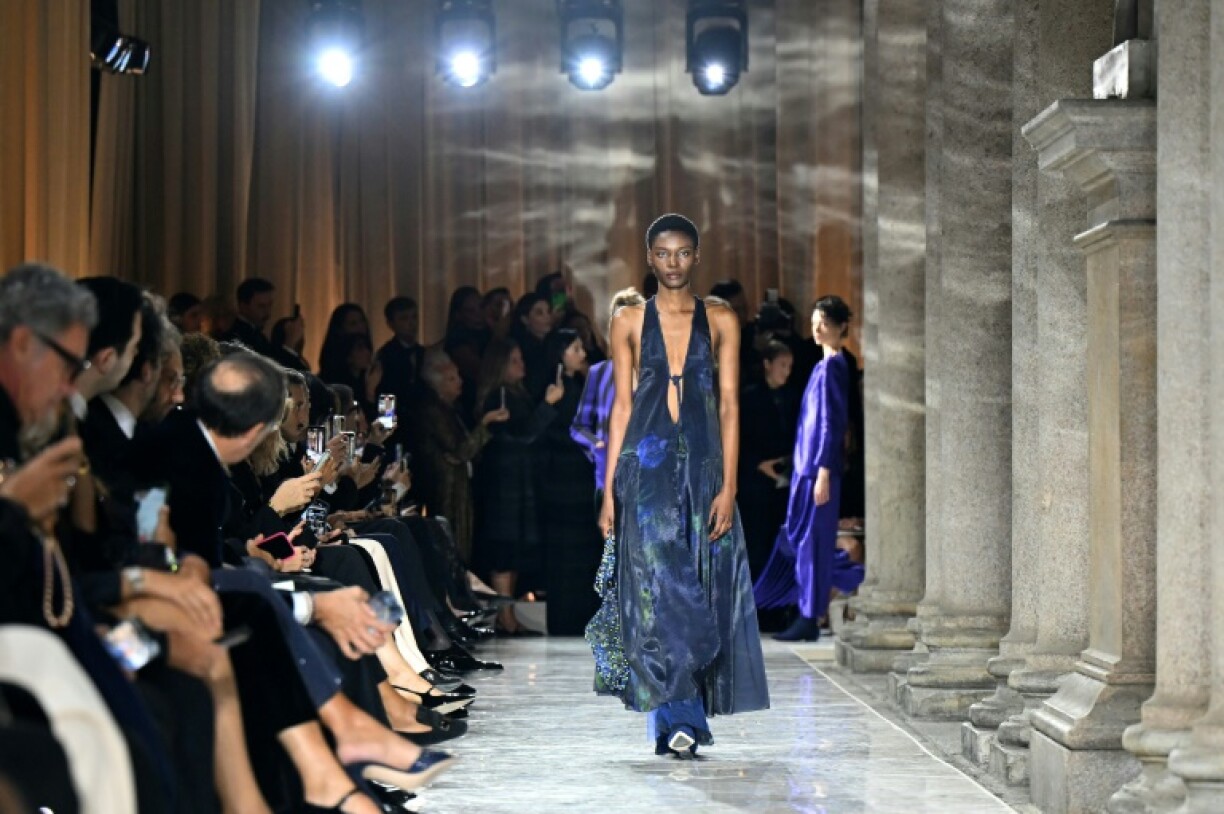 Models walked under the historic portico of the Pinacoteca di Brera gallery