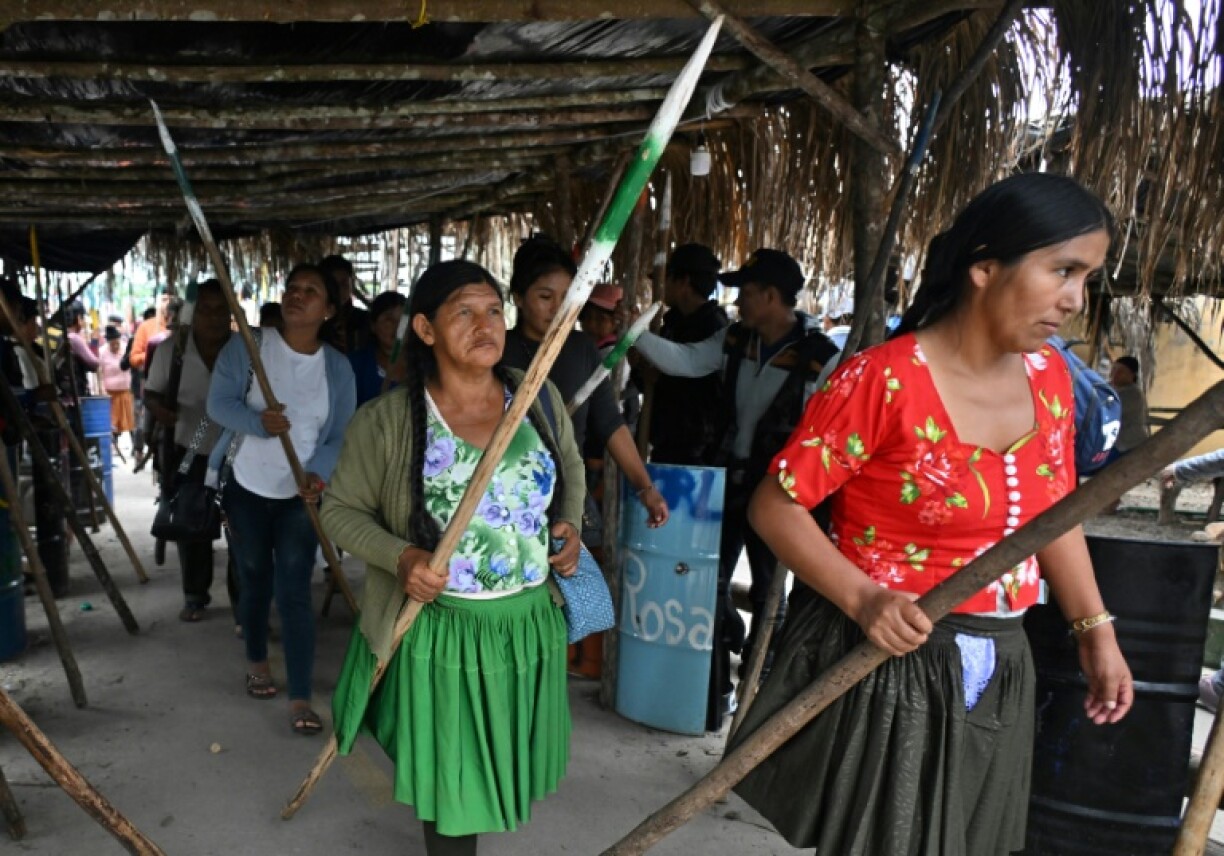 Spear-wielding women are part of the 'battalion' former Bolivian president Evo Morales has organized to defend his stronghold in central Bolivia from any government attempt to arrest him over trafficking charges which he denies