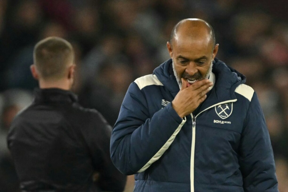 West Ham coach Nuno Espírito Santo reacts on the touchline during his side's 2-0 loss at home to Brentford in the English Premier League