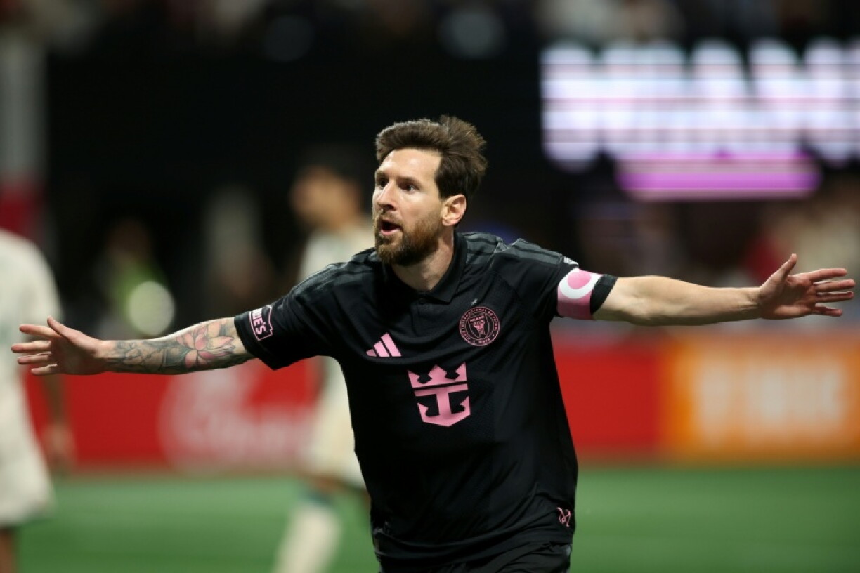 Inter Miami star Lionel Messi celebrates a goal in a 3-1 MLS win over Atlanta United