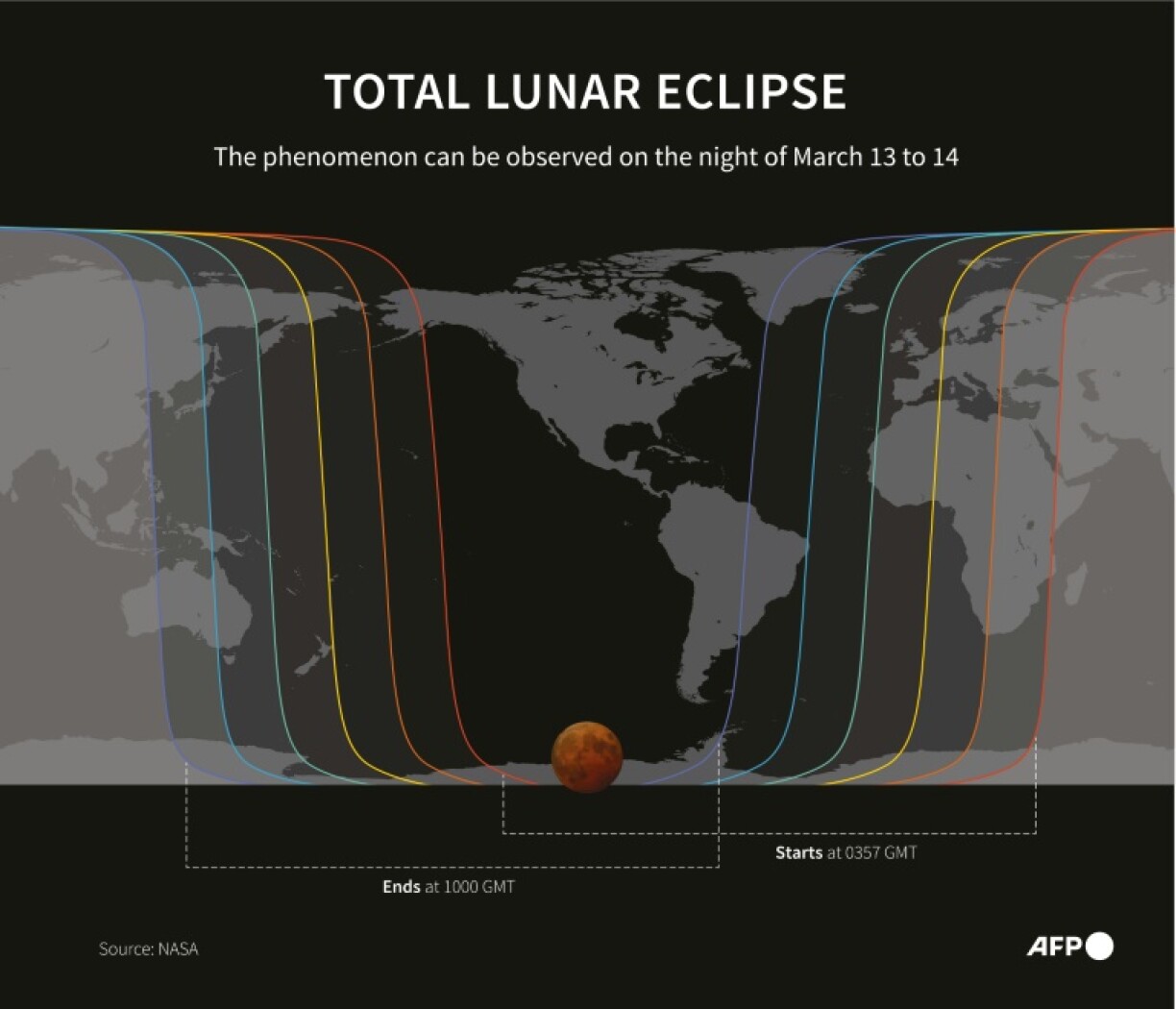 This map shows the visible zones for the total lunar eclipse, when the moon appears red-orange, according to NASA