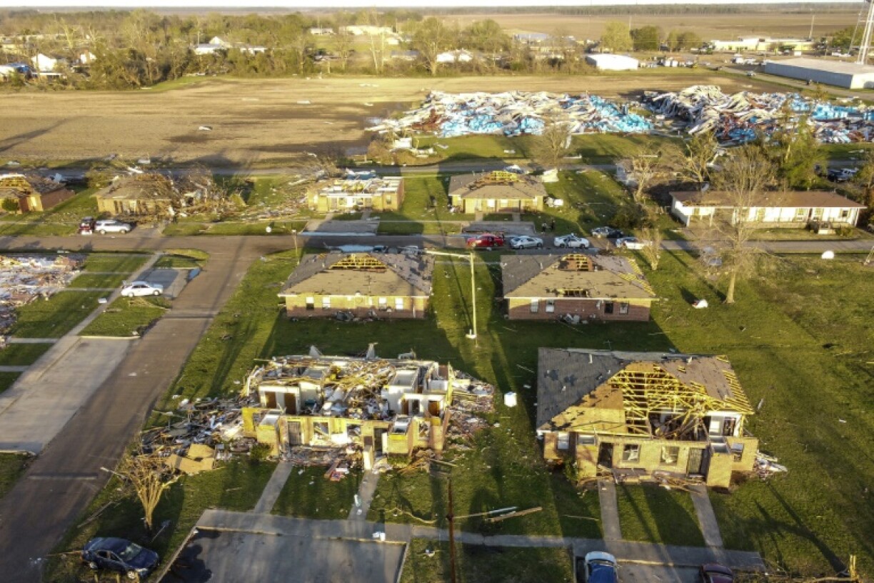 A destroyed neighborhood in Rolling Fork, Mississippi is seen on March 25, 2023 after a tornado touched down