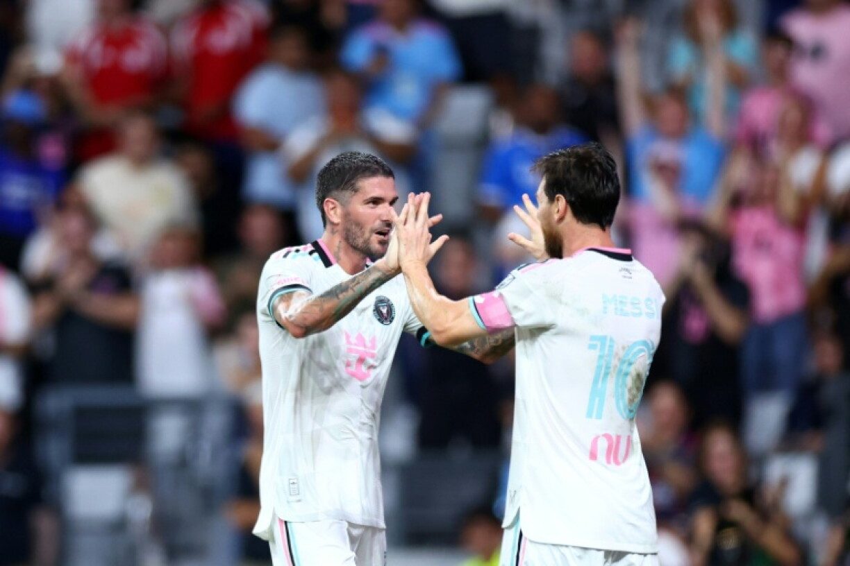Rodrigo De Paul celebrates scoring a goal set up by Inter Miami teammate Lionel Messi