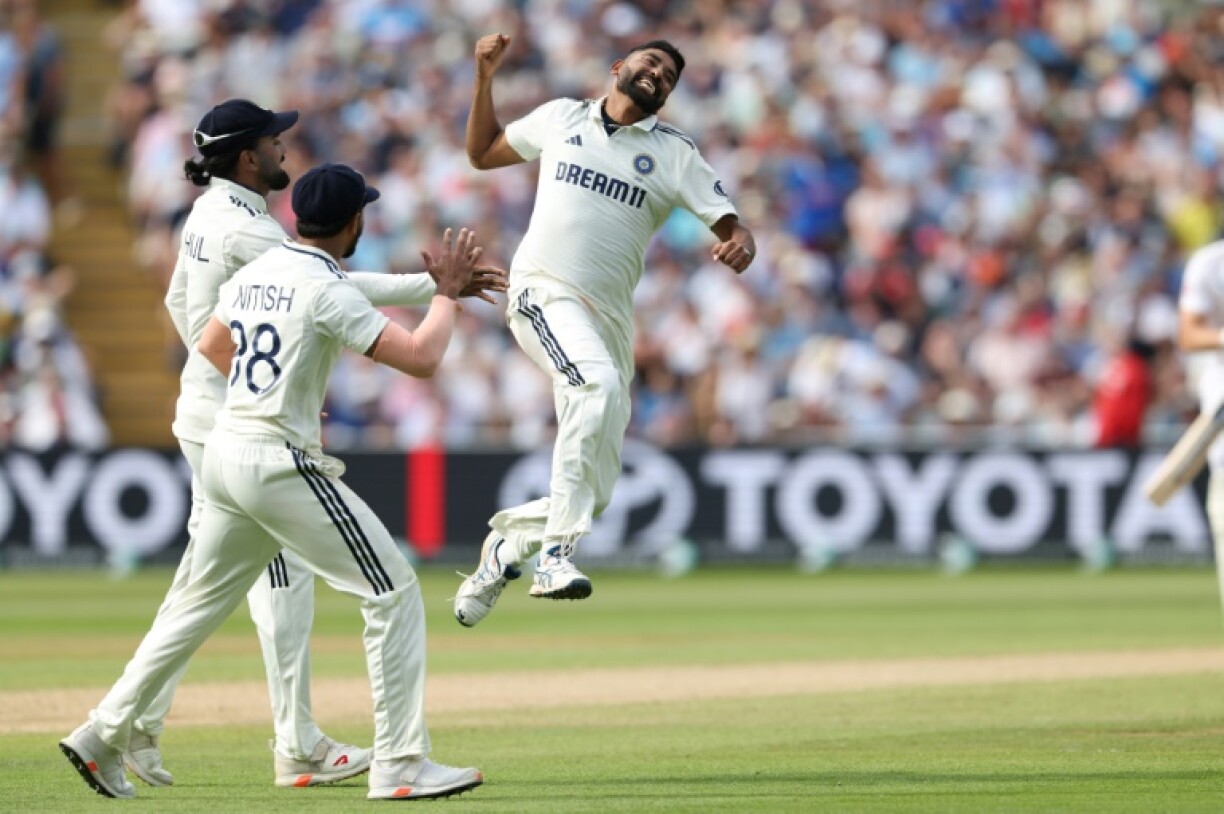 India's Mohammed Siraj celebrates after dismissing England's Josh Tongue in the second Test at Edgbaston