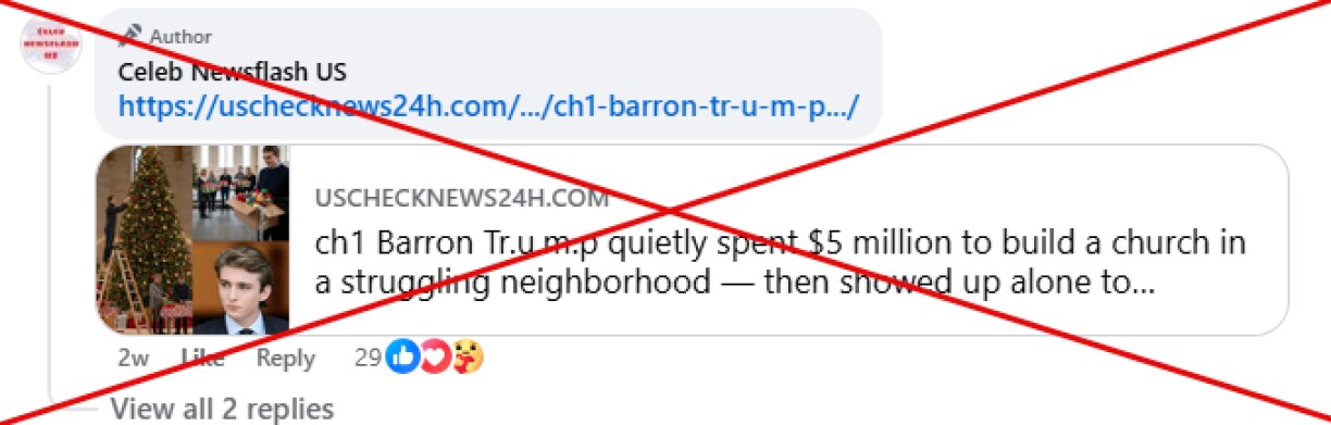 A screenshot taken December 31, 2025 of a comment under a Facebook post with fabricated content about Barron Trump