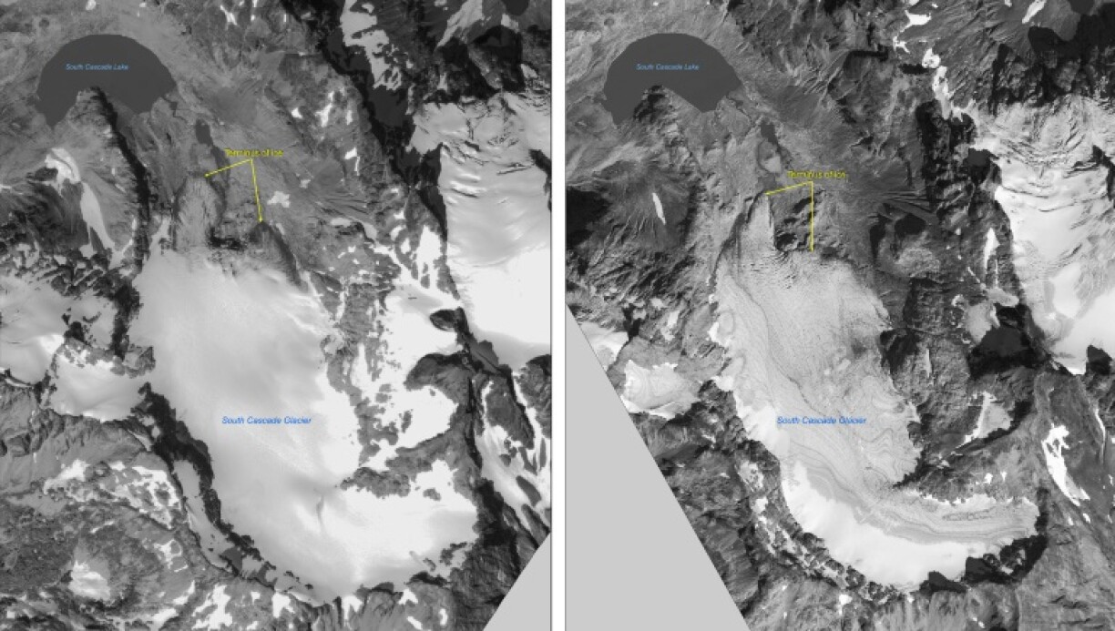 Satellite images of polar ice sheets taken in August 2000 (L) and September 2006 show the retreating glacier terminus of the South Cascade Glacier, in photos provided by the US Geological Survey