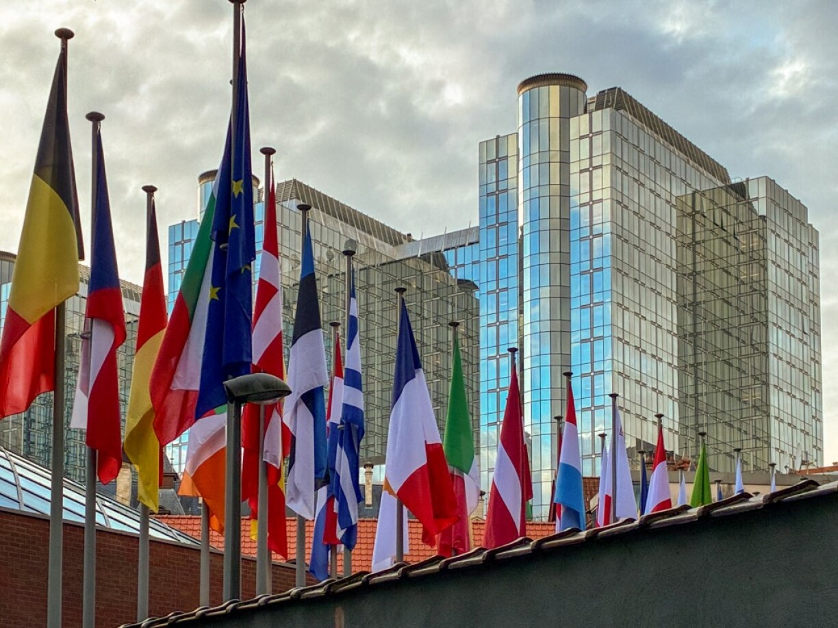 Fändele vun den EU-Memberlänner mam Gebai vum EU-Parlament am Hannergrond.