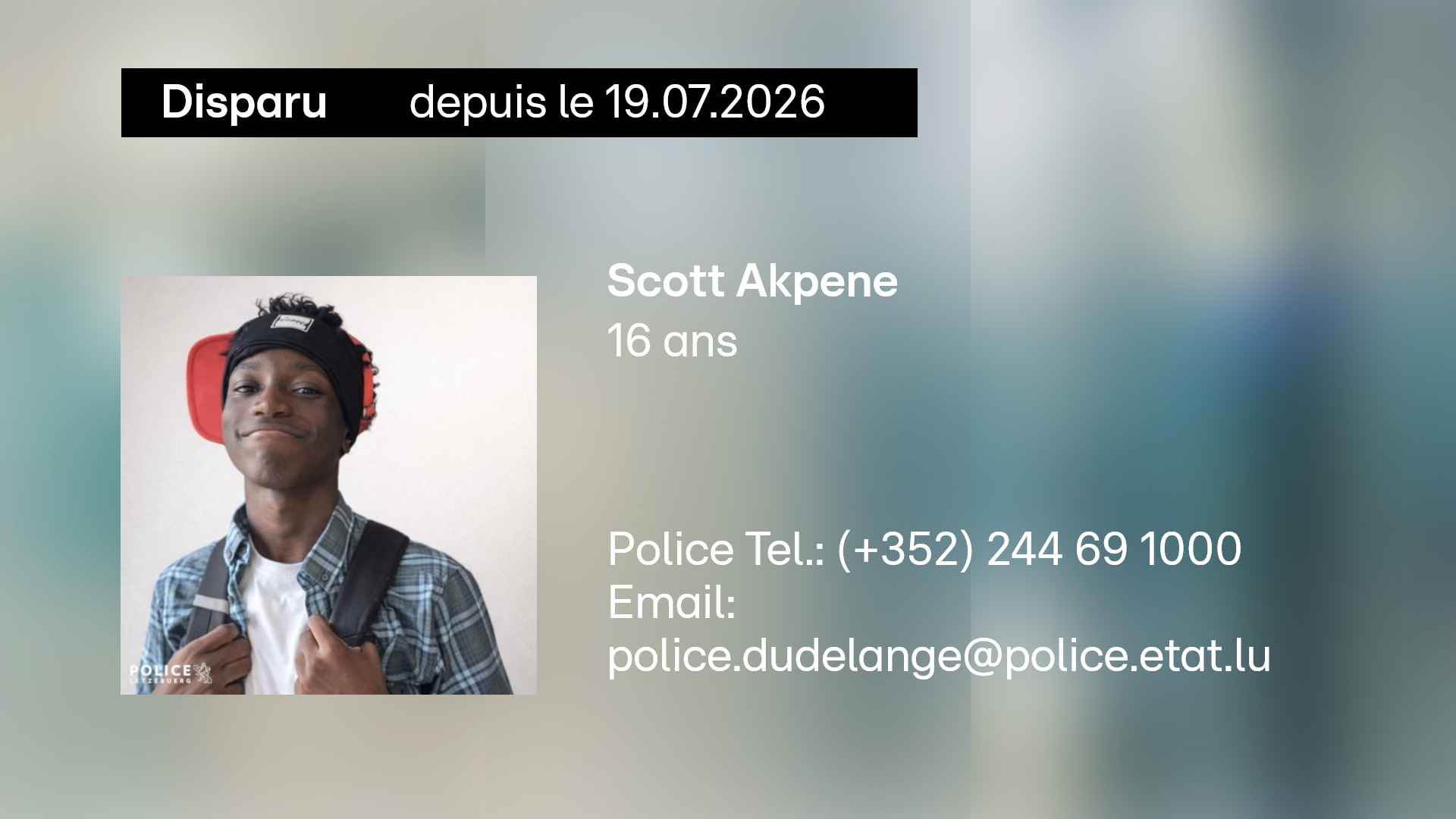 Avis de recherche: La police signale la disparition d'un ado de 16 ans au Luxembourg