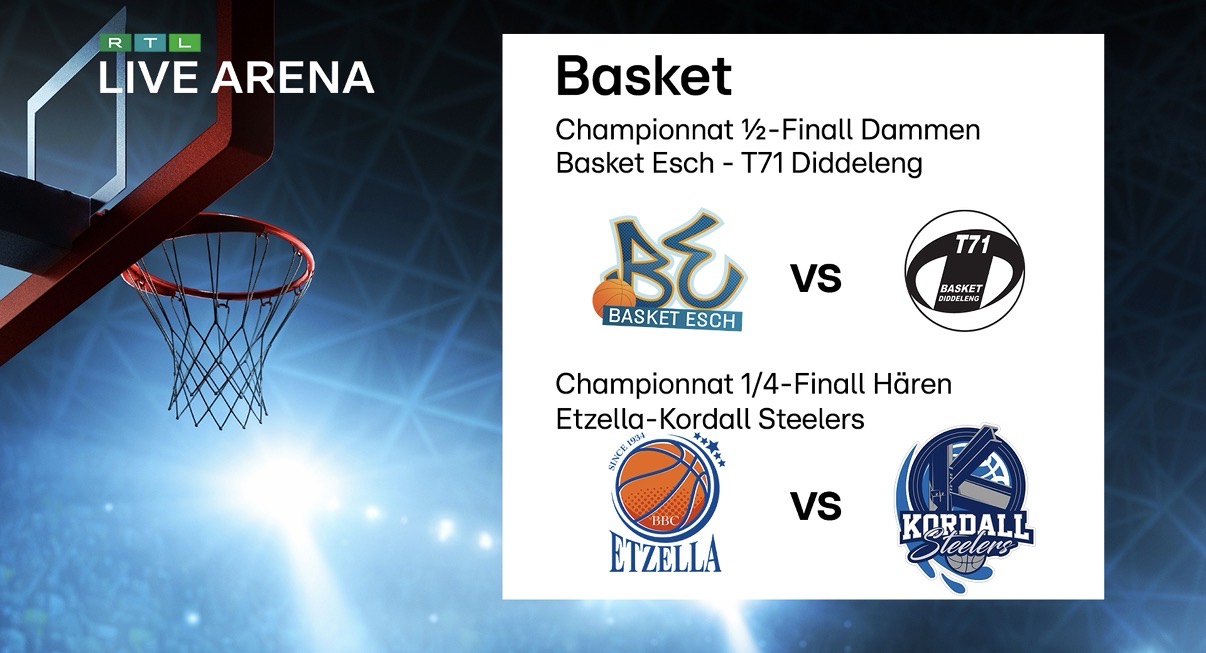 Enovos League an der RTL Live Arena: 1/2-Finall bei den Dammen um 15 Auer a lescht 1/4-Finall bei den Hären um 17.30 Auer am Stream